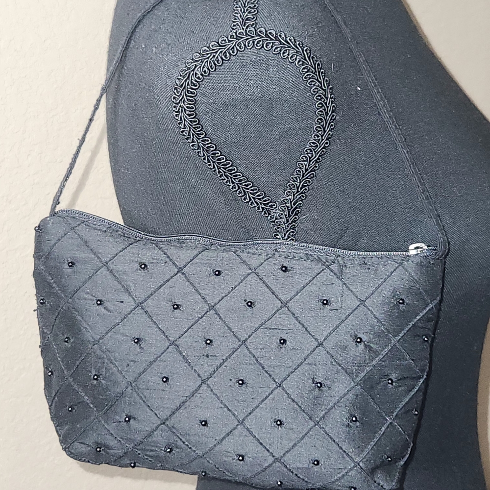 Atenti Chic Black Satin,Quilted‎ And Beaded Bag - Picture 2 of 6